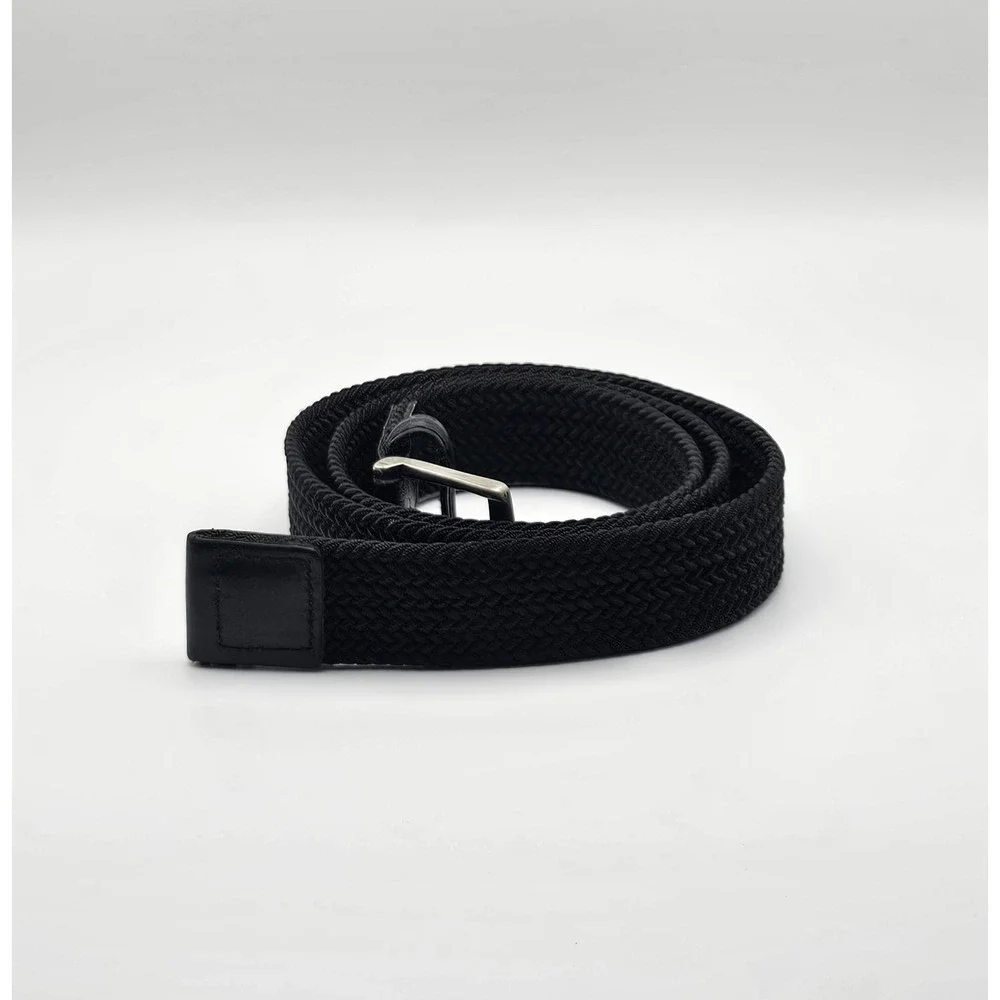Black Stretchy Web Belt Men's‎ Size 42 Dominican Republic Silver Tone Buckle